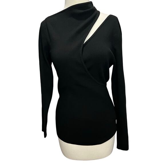 A.L.C. Addison Top Women L Black Luxe Ribbed Knit Asymmetric Cut Out Stretch NEW - Picture 2 of 11